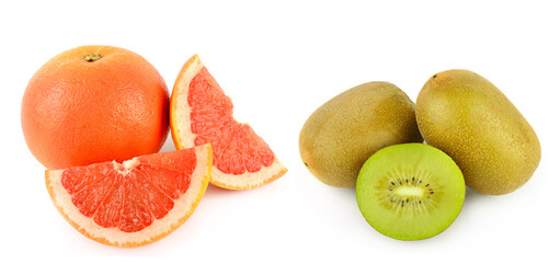 Kiwi and Grapefruit fruits isolated on white. Collage. Wide photo. Free space for text.