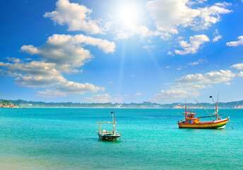 Fototapeta premium Old fishing boats, Weligama, Sri Lanka.