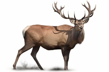 Obraz premium A majestic deer with large antlers standing in a neutral pose against a white background. The image highlights the deer's strong physique and impressive antlers, showcasing the animals