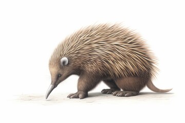 Fototapeta premium An echidna in full growth on a white background, showcasing its spiky fur and long snout