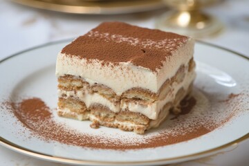 A close-up shot of a delectable tiramisu dessert, featuring layers of creamy mascarpone cheese, coffee-soaked ladyfingers, and a dusting of cocoa powder on top, served on an elegant white plate