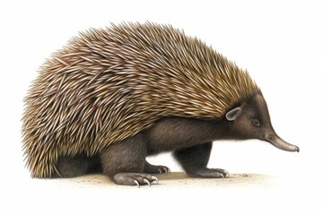Obraz premium A detailed illustration of an echidna in full growth, shown on a white background. The echidna's spiny coat and long snout are depicted with precision, highlighting its unique features, natural