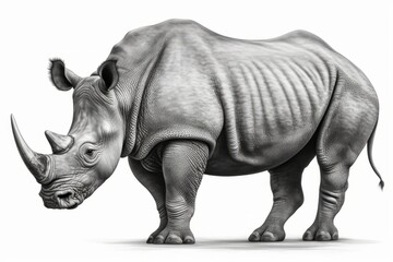 Obraz premium A detailed black and white illustration of a rhinoceros standing in full profile, showcasing its thick, textured skin and a very long horn. The image highlights the rhinos powerful build