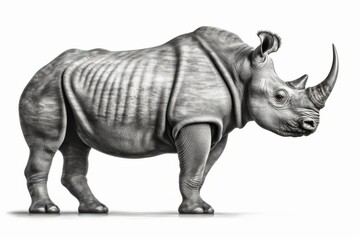 Fototapeta premium A detailed black and white illustration of a rhinoceros standing in full profile, showcasing its thick, textured skin and a very long horn. The image highlights the rhinos powerful build