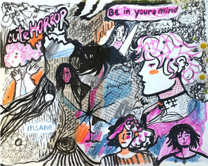 abstract art collage from newspapers and magazines with drawings and text. for print, backgrounds, illustrations, wrapping paper, postcards, design, book, poster