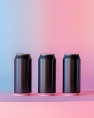 Obraz premium Three black cans of energy drinks against a pastel background in a studio photo. Black aluminum cans for commercial advertising.