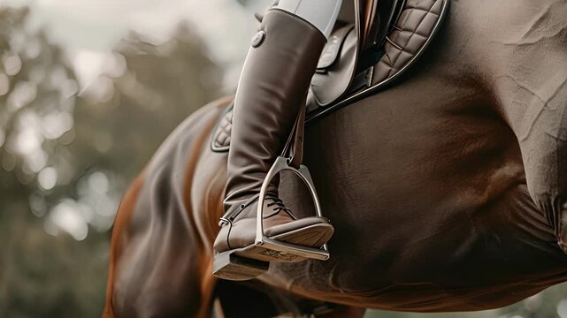 The closeup of a riders leg as they grip the horses flank showcasing the sleek and polished leather of their riding boots and the streamlined fit of their pants.