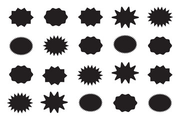 Set of black price sticker, sale or discount sticker, sunburst badges icon. Stars shape with different number of rays. Special offer price tag. Red starburst promotional badge set, shopping labels