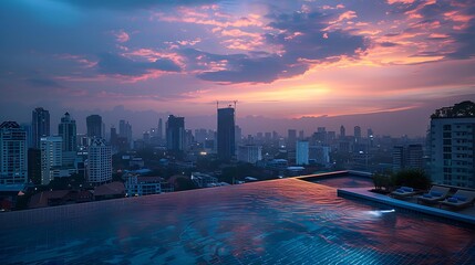 Obraz premium view of the city from the roof of a building with a swimming pool at dawn