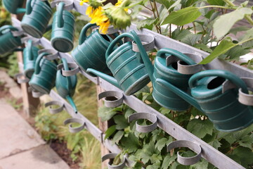 watering cans on fence