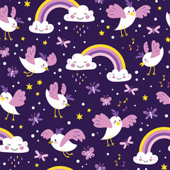Obraz premium Cute Birds pattern with Rainbow, Clouds, Birds, butterflies, Cartoon Characters. Vector seamless pattern. Great for children's clothing and school supplies