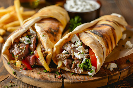 two greek gyros with shaved lamb and french fries