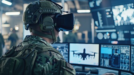 Military personnel using virtual reality technology for drone operation in a high-tech control room. Useful for articles on military technology, virtual reality applications, and defense innovations.