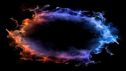 Abstract neon ring frame with glowing fire and smoke, blue pink light effect on black background