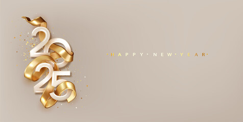 Happy New Years 2025. Greeting card design with date and ribbon white background. Horizontal Christmas banner with space for inscription