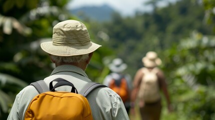 A group of elderly retirees on a nature excursion. Retirees walking on a serene trail through the green forest.