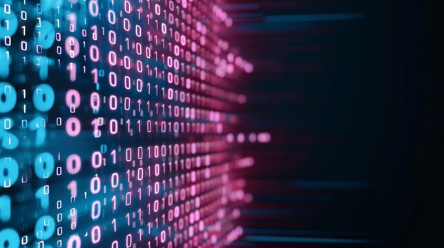 Blue and pink binary code overlaying a sleek black background
