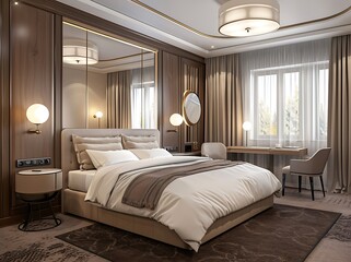 Professional photo of an interior design of a modern hotel room in the neoclassical style