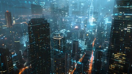 Naklejka premium Data theme hologram drawing on city view with skyscrapers background multi exposure. Ai concept.