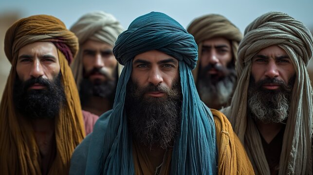 Visual representation of Ishmael, son of Abraham in the bible, with his tribe wearing traditional Arab clothes. Ishmael in a caravan through the desert.