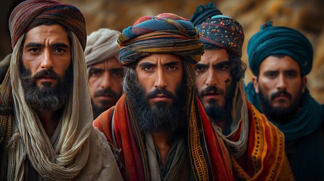 Visual representation of Ishmael, son of Abraham in the bible, with his tribe wearing traditional Arab clothes. Ishmael in a caravan through the desert.