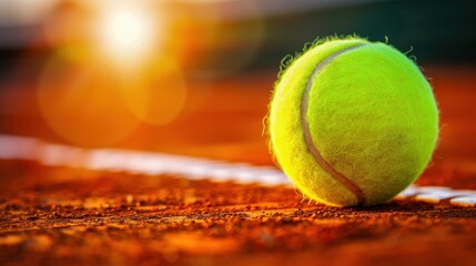 Close-up of a tennis ball on a clay court with sunlight in the background, perfect for sports and outdoor activity themes.