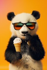 Panda bear stands upright holding ice cream cone wearing sunglasses on orange background. Cute animal enjoys sweet treat in casual outfit with fun accessories.
