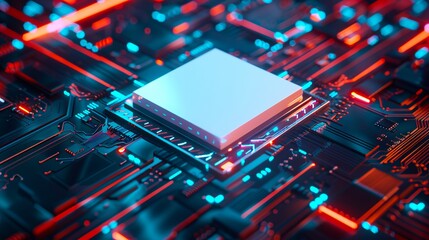Obraz premium A computer chip with blue and red lights.