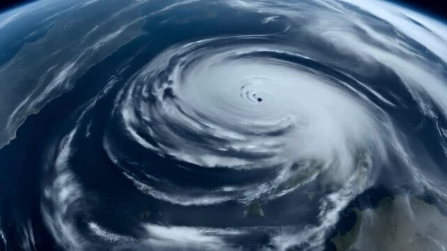 Top view animation hurricane with storm clouds from space. Tornado Storm in slow motion