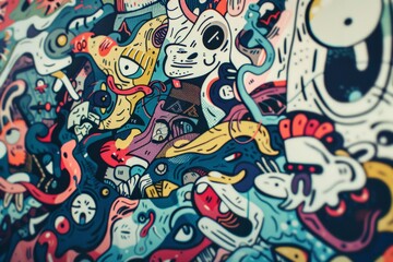 Colorful abstract graffiti-style art with whimsical characters and shapes.