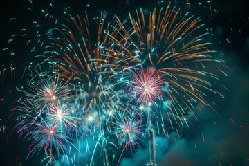 Dazzling fireworks display lights up night sky with colorful bursts.