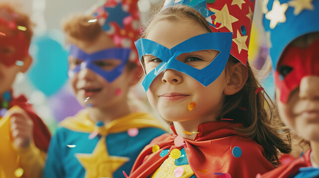 Children dressed in superhero costumes are enjoying a birthday party. Their vibrant costumes add to the festive atmosphere, embodying the spirit of adventure and imagination
