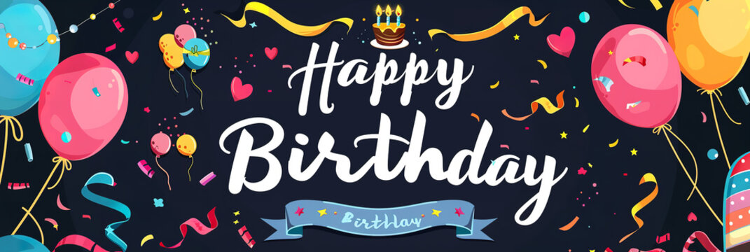 The "Happy Birthday" vector template design features bold and elegant birthday greeting text set against a sleek black background