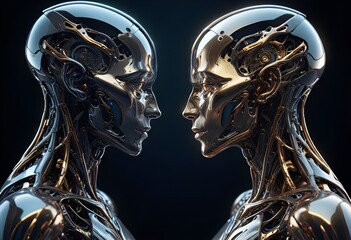 Two futuristic humanoid figures profile portrait with intricate metallic and organic features facing each other, set against a dark background with glowing elements, both sides