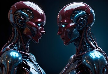 Two futuristic humanoid figures profile portrait with intricate metallic and organic features facing each other, set against a dark background with glowing elements, both sides