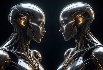 Two futuristic humanoid figures profile portrait with intricate metallic and organic features facing each other, set against a dark background with glowing elements, both sides