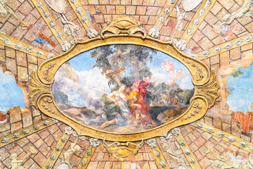 A fresco depicting the Greek myth of Venus and Adonis, painted on the ceiling of the Sala Terrena, a grand hall located within the Vrtba Garden in Prague, Czechia. The fresco shows Venus, the Roman