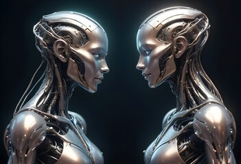 Two futuristic humanoid figures profile portrait with intricate metallic and organic features facing each other, set against a dark background with glowing elements, both sides