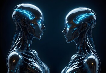 Two futuristic humanoid figures profile portrait with intricate metallic and organic features facing each other, set against a dark background with glowing elements, both sides