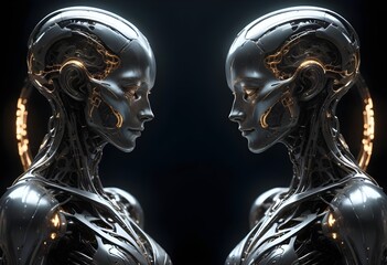 Two futuristic humanoid figures profile portrait with intricate metallic and organic features facing each other, set against a dark background with glowing elements, both sides