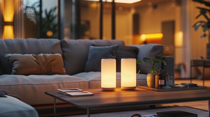 Interior of modern living room with grey sofa, wooden coffee table and glowing lamps at evening 