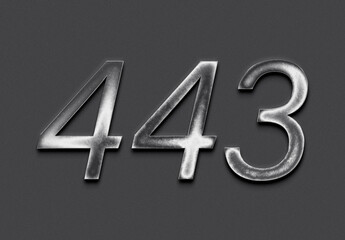 Chrome metal 3D number design of 443 on grey background.