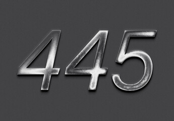 Chrome metal 3D number design of 445 on grey background.