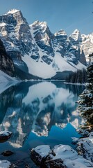 Snow-capped mountains reflect in a clear blue lake, surrounded by evergreen trees and snow-covered rocks, under a bright blue sky.