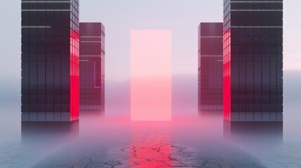 Fototapeta premium Desolate urban landscape, towering steel frameworks, electronic grids and circuits embedded in walls