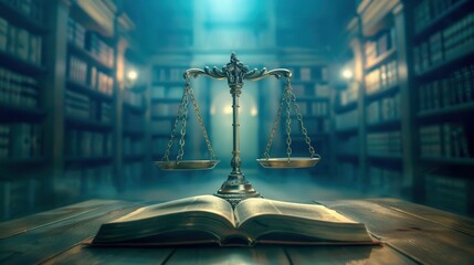 Scales of justice on an open book in a library, symbolizing law, balance, and fairness. Perfect for legal and educational content.