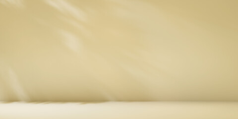 Beige minimalist studio for product presentation. Empty room with shadows of palm leaves. 3d room background with copy space. 3d render illustration