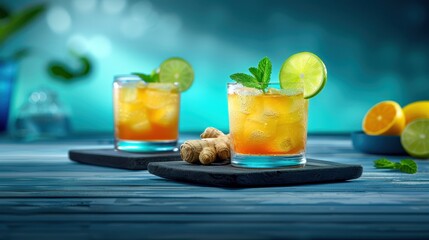 Fototapeta premium Two refreshing cocktails with lime and mint on a blue wooden table. Background is blurred with bokeh lights.