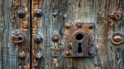 Antique lock on an aged wooden door