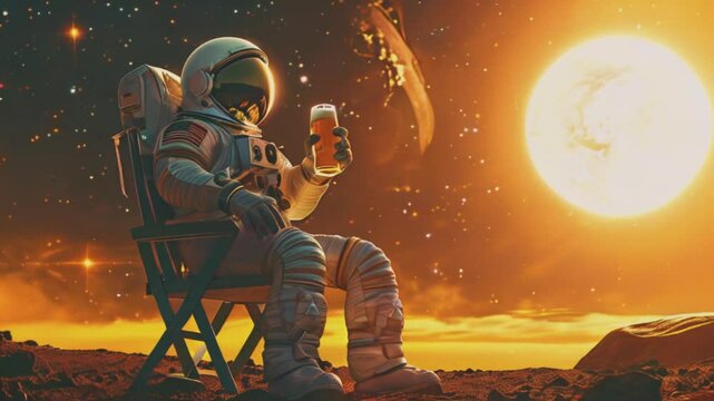 Astronaut relaxing with drink on Mars, moons in backdrop, showcasing space exploration and leisure